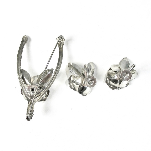 Coro Pin and Earring Set, 1950s, Rosebud, Wishbone - Picture 3 of 8